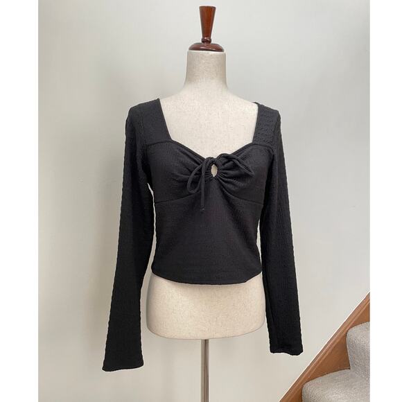 Kirious Nordstrom Top Womens M Black Tie Front Cinch Sweetheart Neck Long Sleeve - Picture 2 of 12
